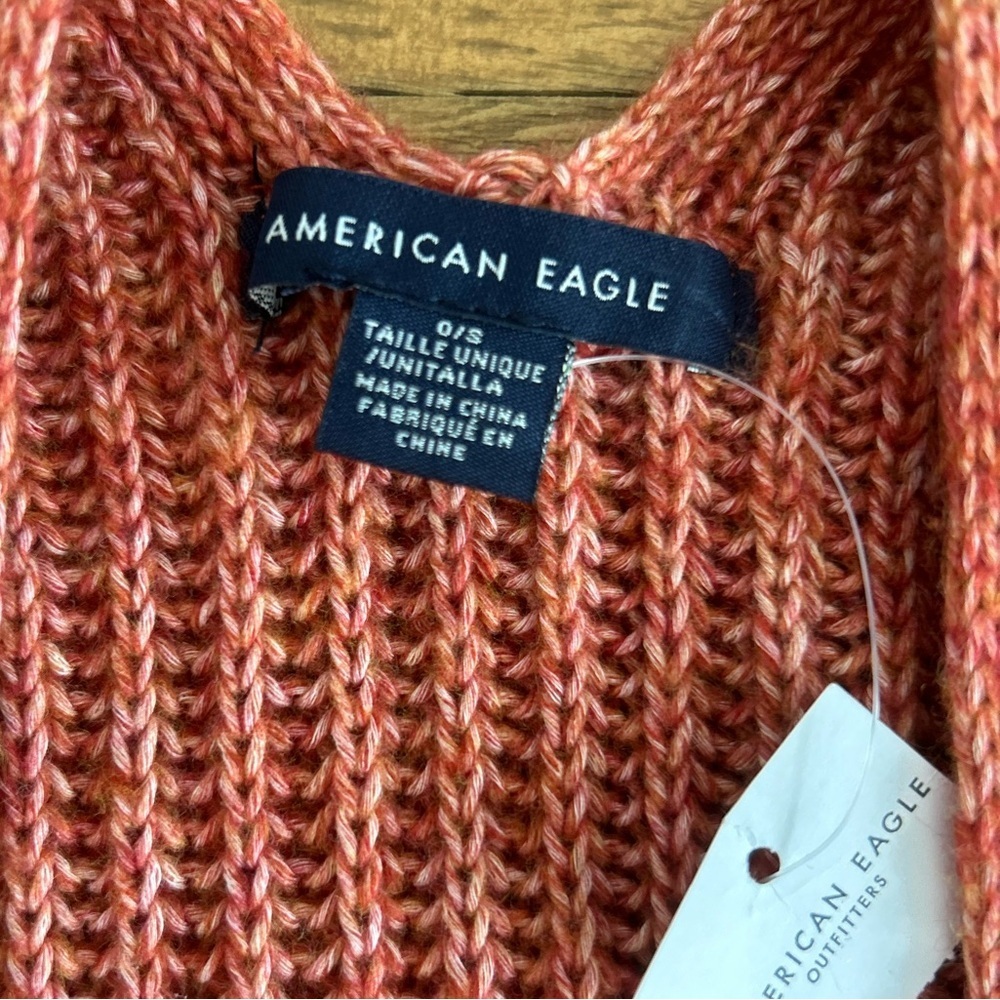💖5 for $50💖American Eagle Rust Orange Knit Poncho Shawl Fringe Tassel Trim - Picture 4 of 8